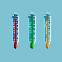 Pixel art sets of thermometer for medicine health items. red,green,and yellow liquid thermometer on pixelated style.8bits perfect for game asset or design asset element for your game design asset.
