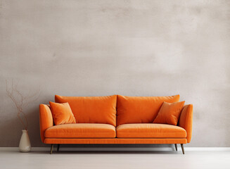 Orange sofa near a textured light grey wall. Modern interior for mockup, wall art. Promotion background with copyspace.