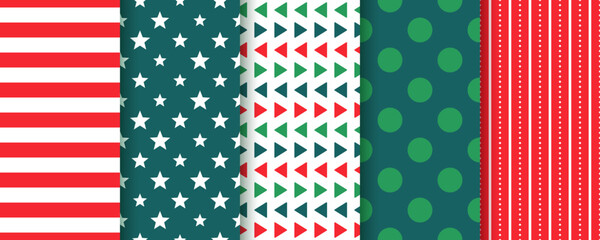 Xmas seamless pattern. Christmas, New year prints. Backgrounds with stripes, stars, triangles and polka dots. Set holiday red green textures. Festive wrapping paper. Vector illustration.