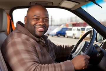 Portrait happy cheerful African American smiling mature man trucker driving car sitting taxi cab get ready travel. Confidence business long transport delivery passenger driver license driving school