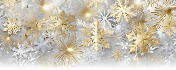 background holiday white christmas snowflake gold snow glow abstract winter decoration. Generative AI.