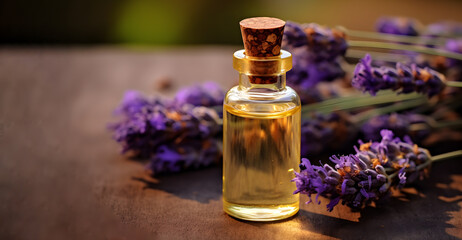 Obraz na płótnie Canvas Vial with lavender oil on a natural background