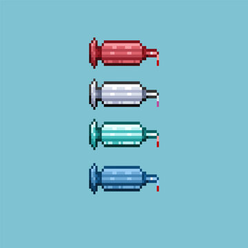 Pixel art sets of syringe for medicine health items. Red,white,green,and blue syringe on pixelated style.8bits perfect for game asset or design asset element for your game design asset.