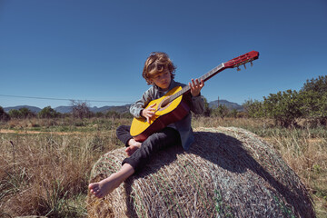 Boy playing acoustic guitar on hay roll in meadow
