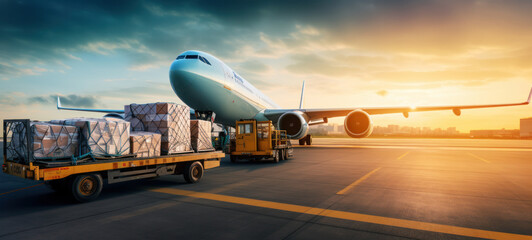Air cargo freighter Logistics import export goods of freight global, Process of handling, Luggage loading with high loader at the Airport. - obrazy, fototapety, plakaty
