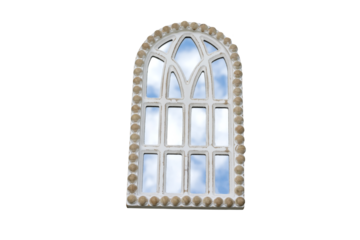 vintage mirror in the form of a window with an arch and reflection of the sky with clouds in the mirror. Isolate on white.