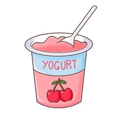 Cherry yogurt in a cup with spoon