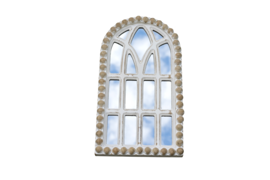 vintage mirror in the form of a window with an arch and reflection of the sky with clouds in the mirror. Isolate on white.