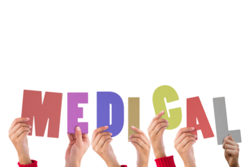 Digital png illustration of hands with medical text on transparent background