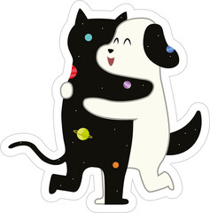 Digital png illustration of hugging cat and dog on transparent background