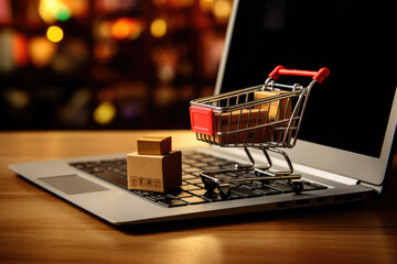 Small cart stands on a table near an open laptop with Buying groceries online concept.