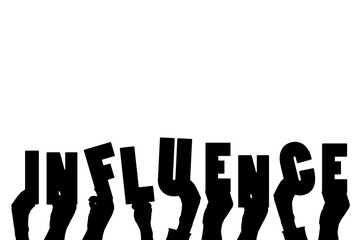 Digital png illustration of hands with influence text on transparent background