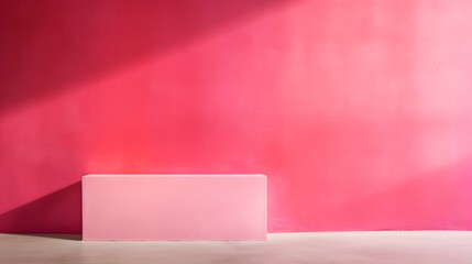 Empty Room in hot pink Colors with Shadows on the Wall. Minimal Podium for Product Presentation.
