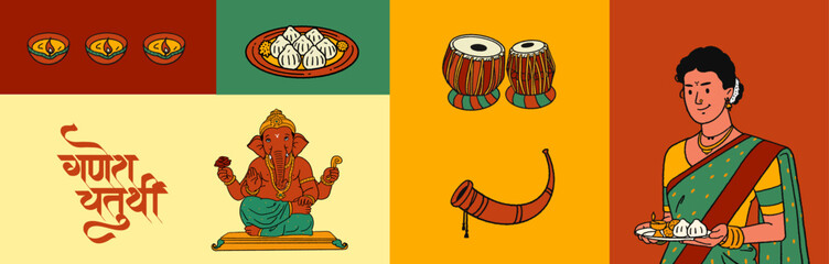 Ganesh Chaturthi calligraphy in Marathi, Hindi with Ganesha, editable hand-drawn vector illustration and traditional festive elements, background, and Indian People celebrating Ganesha festival.