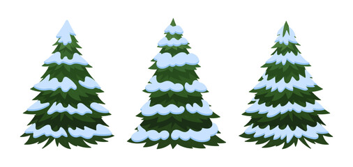 Obraz premium Christmas trees. Cartoon Xmas green fir trees covered with snow flat vector illustration. Winter Holiday elements collection