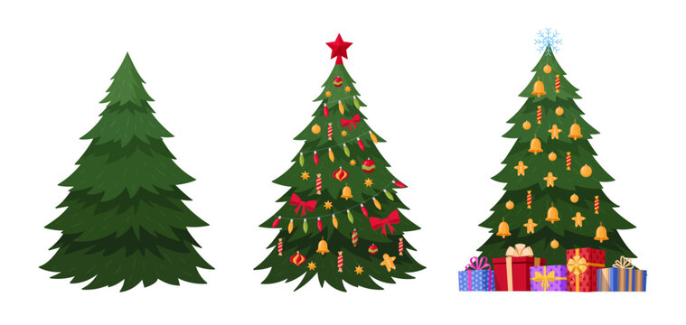 Christmas fir trees. Cartoon decorated green xmas trees. Winter holiday flat vector illustration set. Christmas fir trees collection
