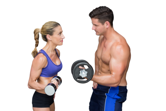 Digital png photo of caucasian couple exercising with weights on transparent background