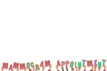 Digital png illustration of hands with mammogram appointment text on transparent background