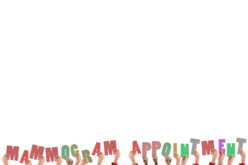 Digital png illustration of hands with mammogram appointment text on transparent background