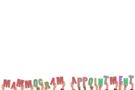 Digital png illustration of hands with mammogram appointment text on transparent background - Powered by Adobe