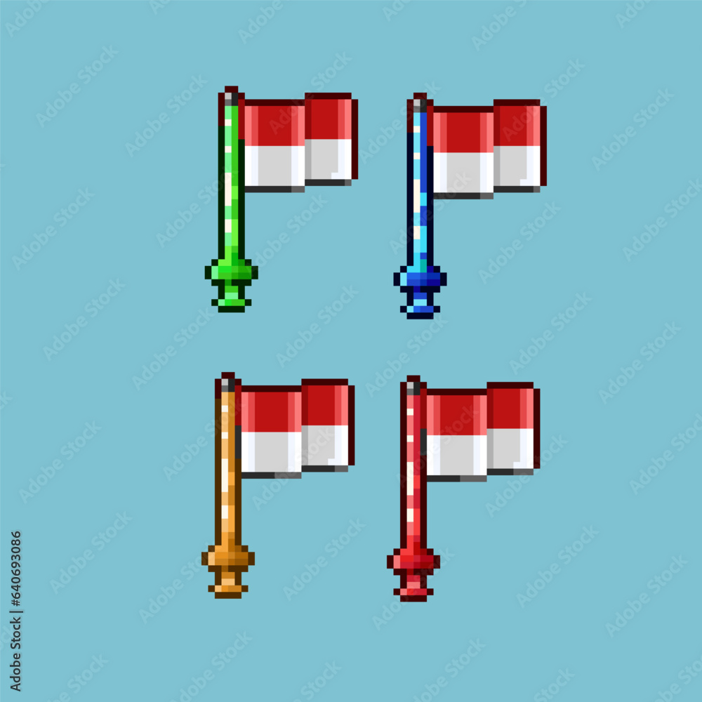 Poster pixel art sets of indonesian flag with variation on the pole, on pixelated style.8bits perfect for g
