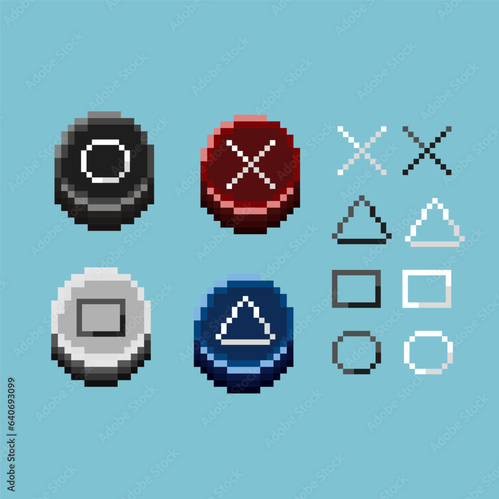 Poster pixel art sets of controller button items. black,red,white,and blue controller button on pixelated s