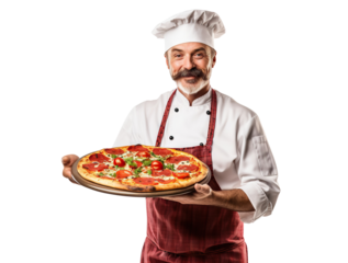 Middle-aged chef holding a big delicious pizza, cut out