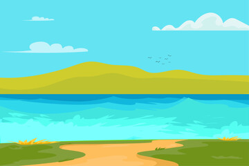 Fototapeta na wymiar flat design lake scenery with mountain background beach landscape