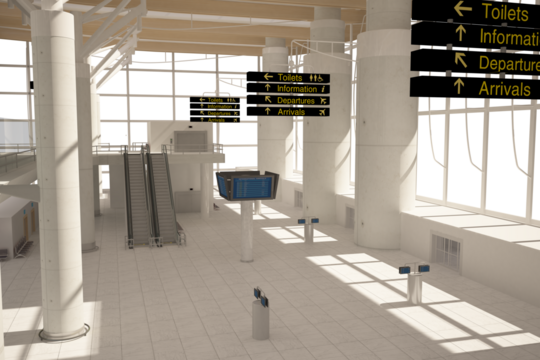 Digital png illustration of interior of airport on transparent background - Powered by Adobe