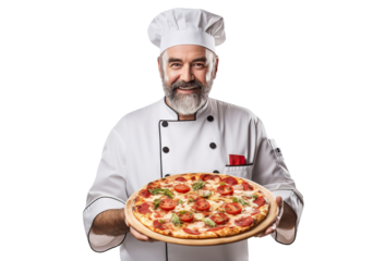 Middle-aged chef holding a big delicious pizza, cut out