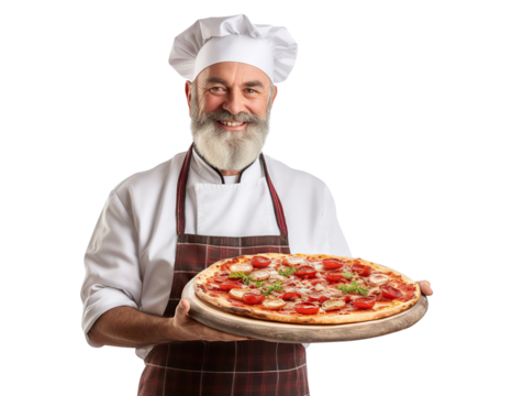 Middle-aged chef holding a big delicious pizza, cut out