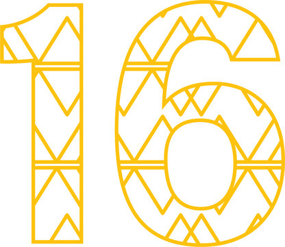 Digital png illustration of yellow 16 number with pattern on transparent background
