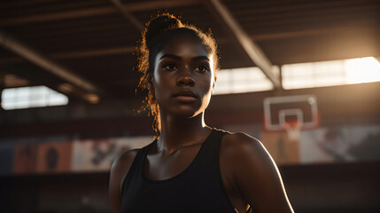 female poc athlete at indoor basketball court - obrazy, fototapety, plakaty
