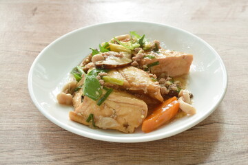 deep fried tofu with mashed pork and black ear mushroom with celery on plate 