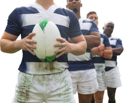 Digital png photo of diverse male rugby players on transparent background
