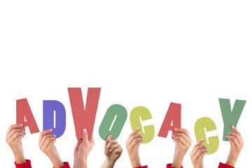 Digital png illustration of hands with advocacy text on transparent background