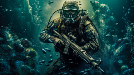 The Deep Sea Mission How a Special Forces Operative Fights Underwater AI Generated - obrazy, fototapety, plakaty