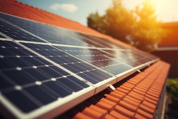 solar panel installation on a rooftop. Generative AI. - obrazy, fototapety, plakaty