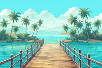 wooden bridge direction water tropical summer vacation palm trees illustration