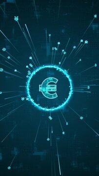 Motion graphic of Blue digital money logo and ring rotation around logo with ai icon spread and line linked on abstract background with crypto currency finance and digital money vertical video concept