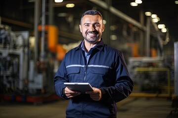 portrait of professional engineer manager inspector in uniform and tablet smile confident in warehouse store distributor factory with happiness at work engineer on site - obrazy, fototapety, plakaty