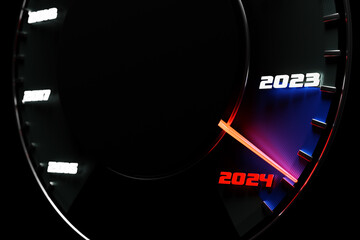 Naklejka premium 3D illustration Close up Instrument automobile panel with speedometer, tachometer, which says Merry Christmas 2023, 2024. The concept of the new year and Christmas in the automotive field.