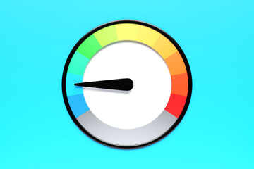 3D close-up illustration of a white dashboard of a car, a digital bright speedometer with a red arrow in a sporty style.