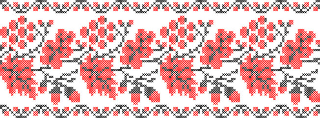 Vector illustration of Ukrainian ornament in ethnic floral style with oak and grape leaves and acorns, bunches of grapes, identity, vyshyvanka, embroidery for websites, banners. Background