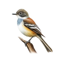 Variegated flycatcher bird isolated on white background.