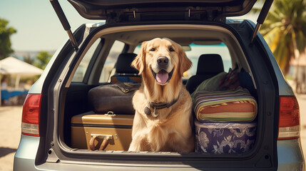 Labrador retriever dog sits in the trunk of a car next to some traveling gear