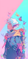 Ethereal anime elf, fairy fantasy character art illustration. pastel, neon colors pink, dreamy, butterflies Aesthetic, cute, beautiful, stunning. Fantasy background, phone computer wallpaper copysace