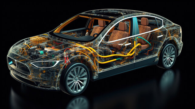 Illustration of a cross section of an electric car, with cables, motors and electrical elements on a dark background. Generative AI