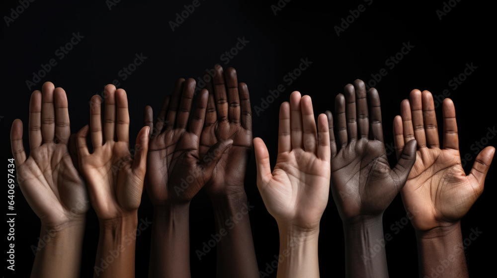 Wall mural People with different skin colors against dark backgruound. The concept of diversity and equality. Created with Generative AI technology.