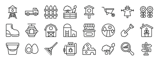 set of 24 outline web agriculture icons such as water tower, pickup truck, fence, harvest, bird house, wheelbarrow, scarecrow vector icons for report, presentation, diagram, web design, mobile app